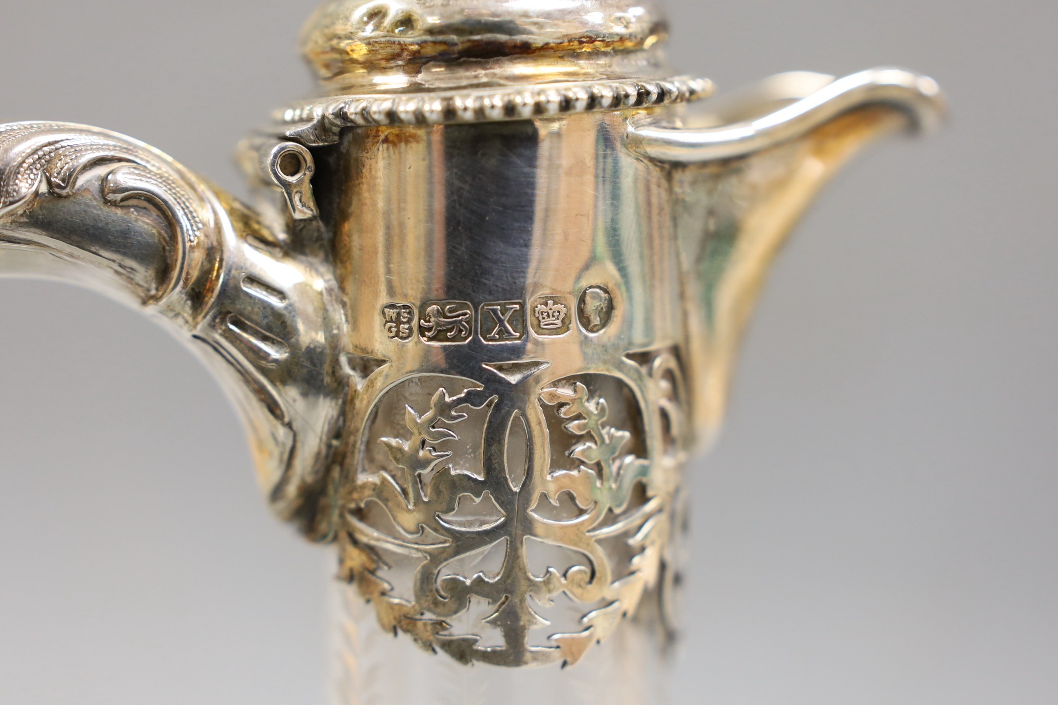 A Victorian silver mounted etched glass claret jug, by W & G Sissons, Sheffield, 1865, the glass with monogram and dated 1867, height 27.4cm.